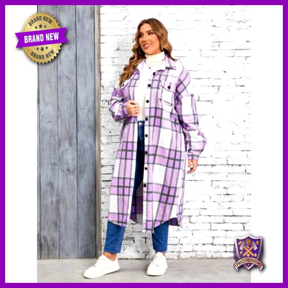 Plus Size Long Flannel Shacket Jacket Oversized Button Down with Pockets - Picture 4 of 6